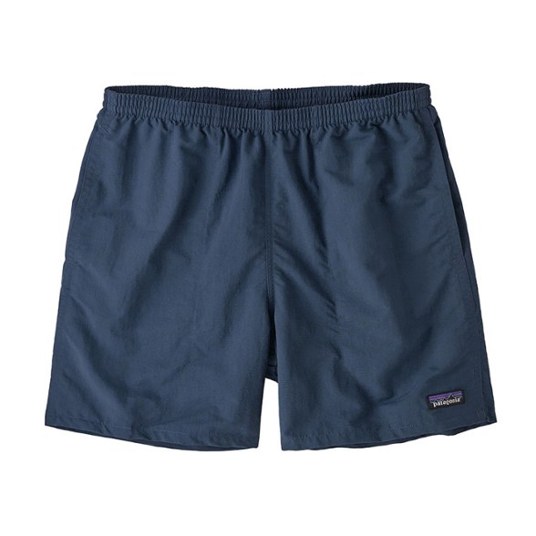 Patagonia men's Baggies 5-inch water shorts on sandy beach showing quick-dry fabric