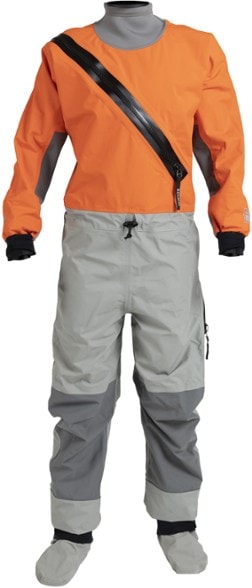 Close-up of Kokatat Hydrus 3L SuperNova Women's Semi-Dry Suit showcasing the waterproof zipper and neoprene collar.