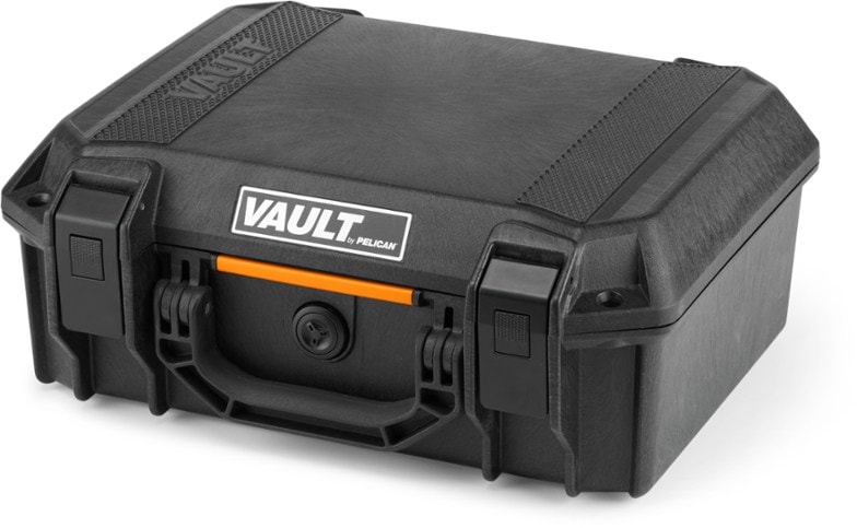 Pelican V200C storage case in rugged outdoor setting, showcasing protective features.