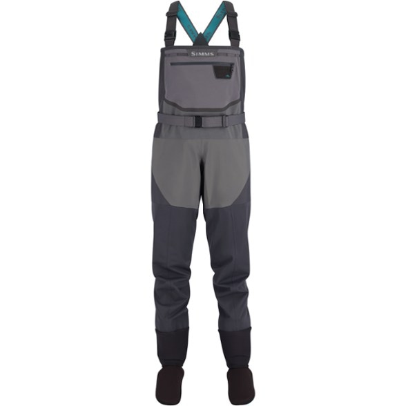 Close-up of Simms Freestone women's waders showing QuadraLam fabric texture and suspender buckles
