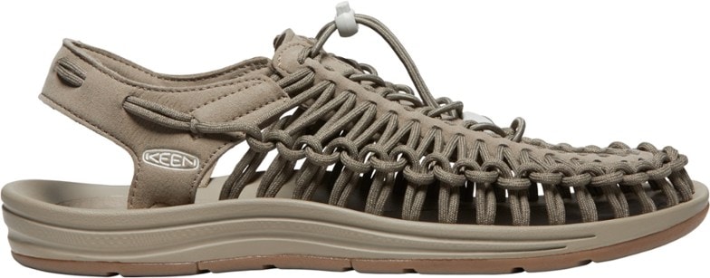 Close-up of KEEN UNEEK TrailForm men's sandals showing braided cord design and arch support