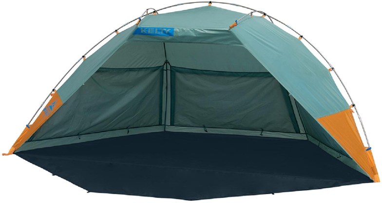 Side view of the Kelty RoamReady Beach & Camping Shade Canopy set up on a grassy field, showcasing its spacious interior and mesh windows, perfect for an outdoor shelter.