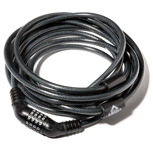 Close-up of the kayak security cable wrapped around a tandem kayak, showing the lock mechanism