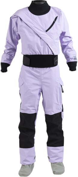 Front view of women's dry suit showing zippered chest pocket and overskirt detail – great kayaking gear
