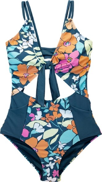 High Tide one-piece swimsuit in blue with side pockets, modeled poolside