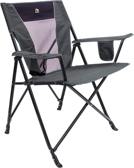 Close-up of the ComfortPro chair's cup holder and mesh backrest for outdoor camping