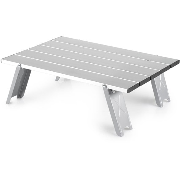 Close-up of GSI Micro Table+ unfolded on a campsite for outdoor cooking