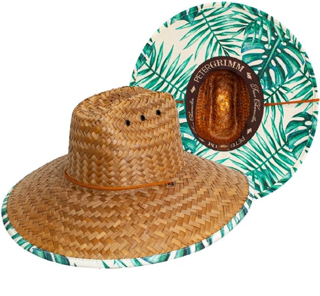 Woven straw sun hat with wide brim and chin strap for men and women, perfect for beach days