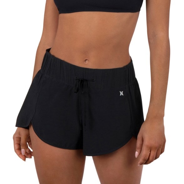 Front angle view of HydroEase women's swimwear shorts in navy showing drawcord and elastic waistband