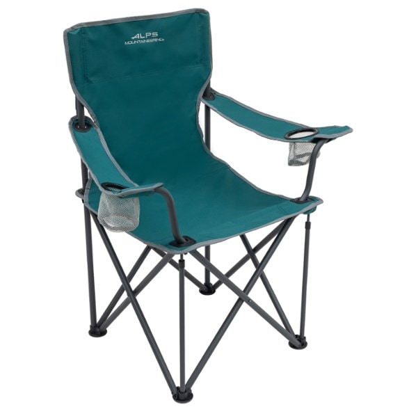 Heavy-duty camping chair with cup holder and shoulder bag in outdoor setting