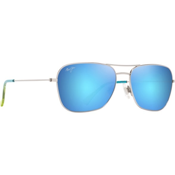 Close-up of Horizon Aviator polarized sunglasses resting on a natural wooden surface, highlighting the sleek metal frame and reflective blue lenses.