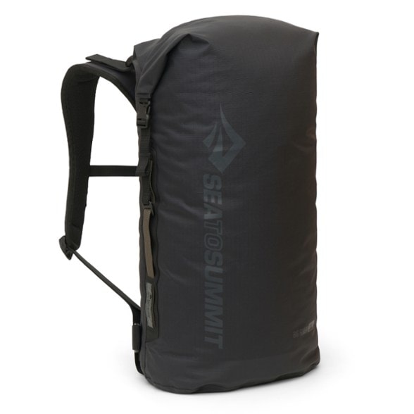 Front view of AquaShield 30L waterproof dry bag at a campsite
