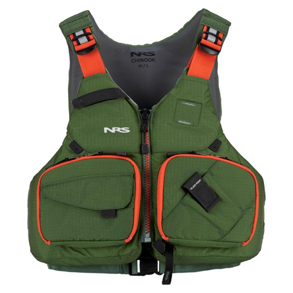 Front view of the NRS Chinook PFD showcasing its multiple pockets and fit system.
