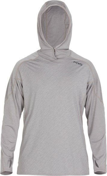 Front view of men's long sleeve hoodie showing secure hood and sun-shielding thumbholes