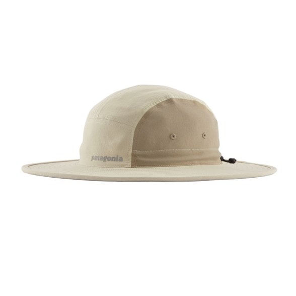 Side view of the Patagonia sun hat showing vented crown and wide brim for hiking