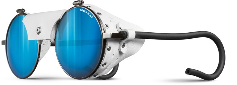 Side view of Julbo Vermont Classic glacier sunglasses showing leather side shields and metal frame