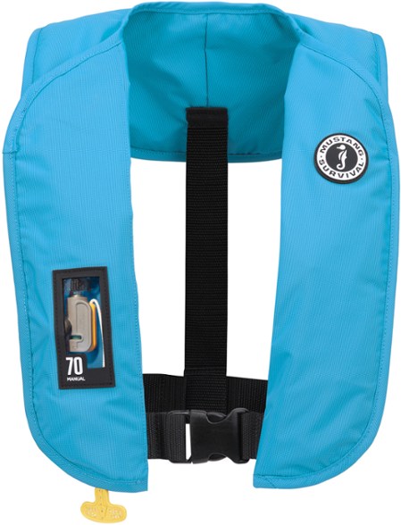 Mustang Survival MIT 70 inflatable life vest viewed from the front, showcasing the manual inflation handle.