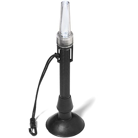 Paddler's Choice waterproof kayak deck light attached to a kayak's hull at dusk, highlighting its bright LED.