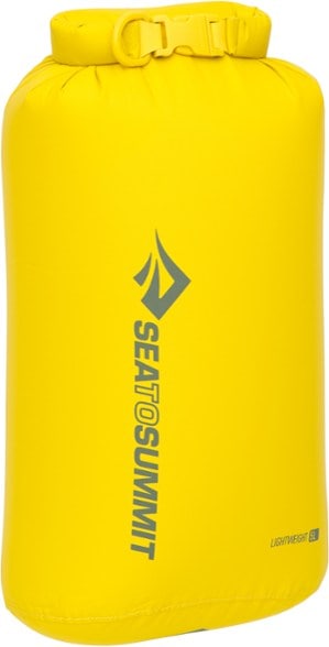 A vibrant yellow Sea to Summit dry bag, 5L size, shown with its roll-top closure securely fastened, ready for outdoor adventures.