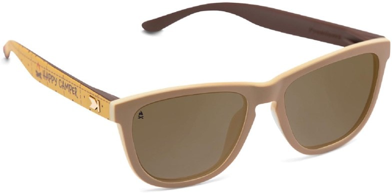 Happy Camper sunglasses with toasted marshmallow theme showcased outdoors