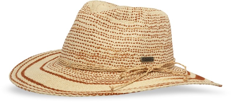 Front angle of the Rowan paper straw sun hat showcasing the raffia hatband and flat brim