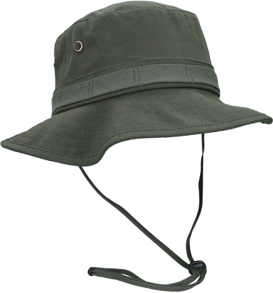 Side view of kids boonie hat with insect net deployed in a forest setting