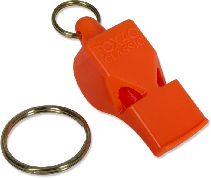 Close-up of EchoPro safety whistle showing split-ring attachment and durable plastic body