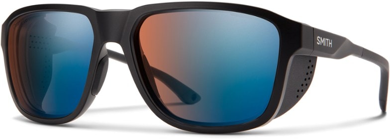 Close-up view of Smith ChromaPop ski touring glasses with side shields, showcasing lens clarity and frame design.