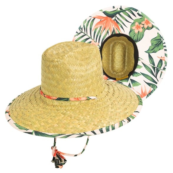 Close-up of the Kenny Adventure Lifeguard Hat showcasing its premium straw weave and floral print underbrim.