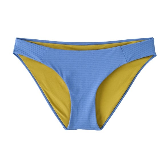 Patagonia Sunamee bikini bottoms laid flat, showcasing full-coverage design and navy blue color