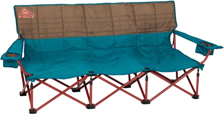 Side angle of Kelty TrailNest portable couch showing quilted fabric and steel frame
