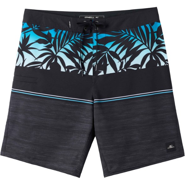 Side view of O'Neill Hyperfreak Heat Block board shorts showcasing the stretch fabric and vibrant design.