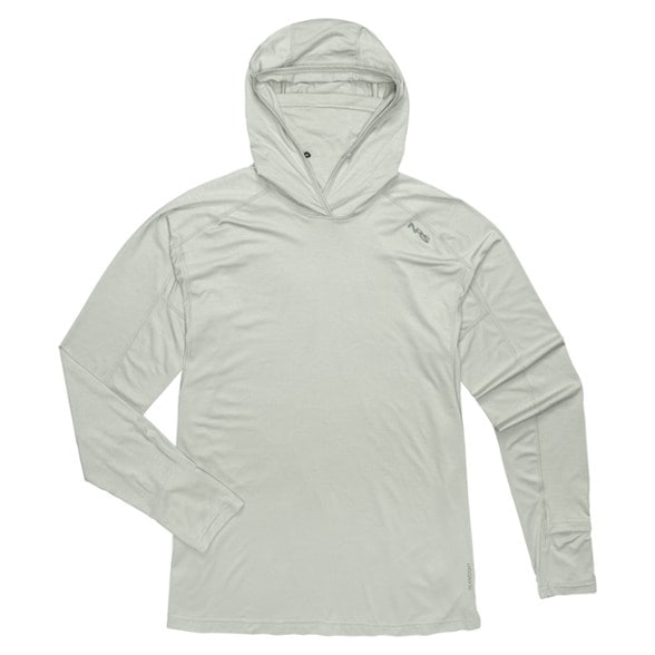 Men wearing the NRS Varial UPF 50 hoodie while fishing, showcasing sun protection and adjustable neck gaiter