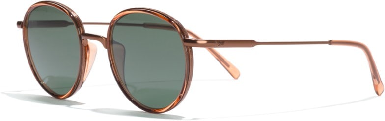 Close-up of Baia Optix P3 polarized sunglasses highlighting amber lenses and exoskeleton frame