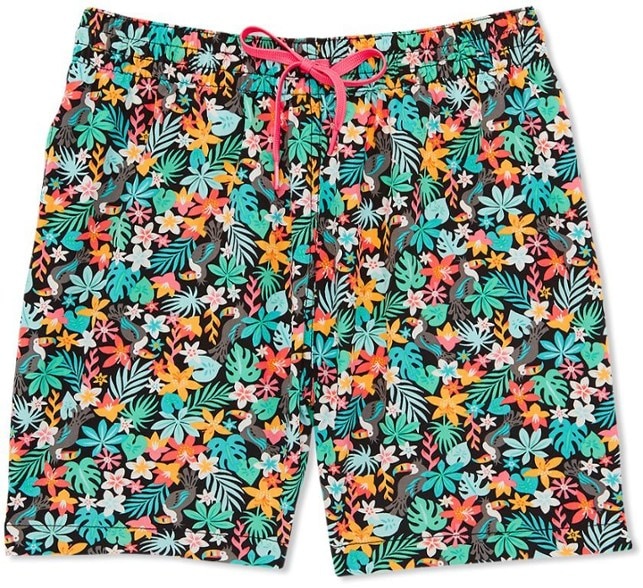 Front view of men's swim trunks with 7 inch inseam, colorblocked stretch fabric