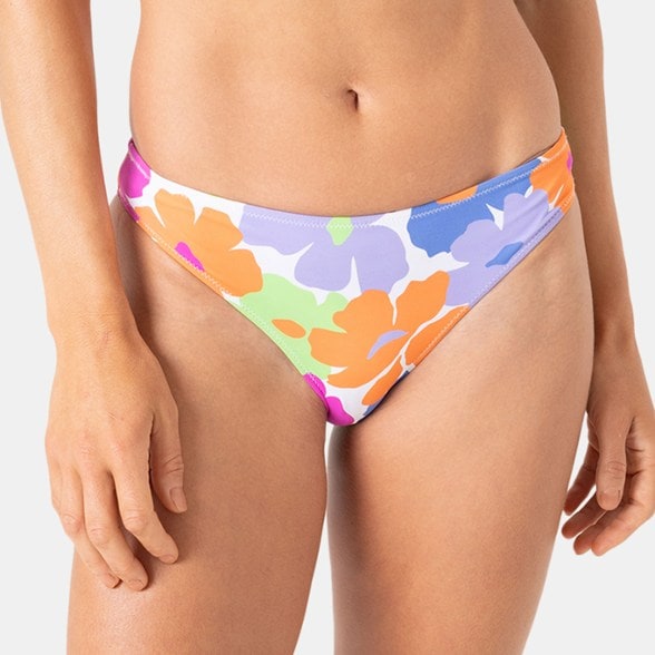 Front angle of reversible bikini bottoms in lake blue, showing hipster fit