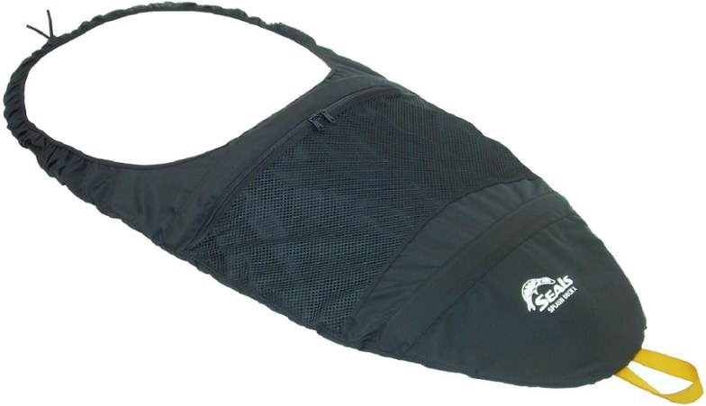 Top-down view of SunGuard Flex kayak splash skirt showing convex deck and zippered pocket