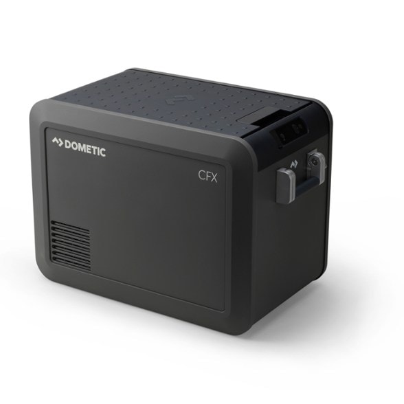 Side view of the Dometic CFX5 powered cooler inside a camping setup