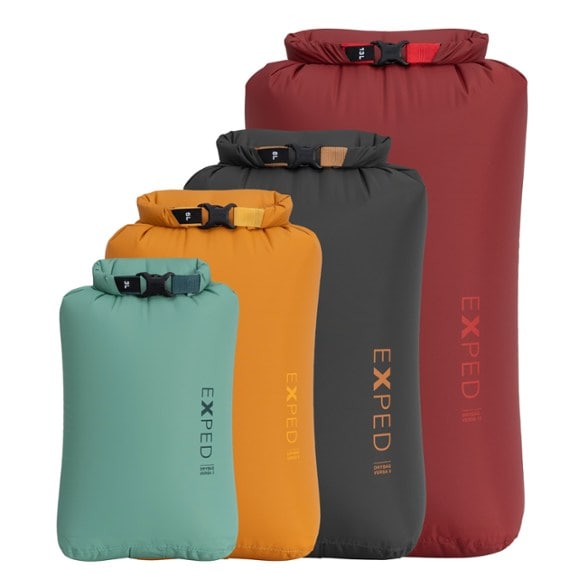Color-coded waterproof dry bags in various sizes for hiking and kayaking.