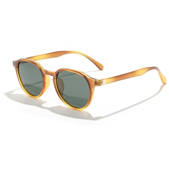 Front view of Solvia TravelLite polarized sunglasses, showcasing rounded frame and geometric brow design