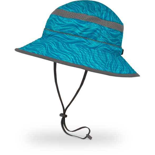 Child wearing blue bucket hat at beach, showing UPF 50+ sun protection