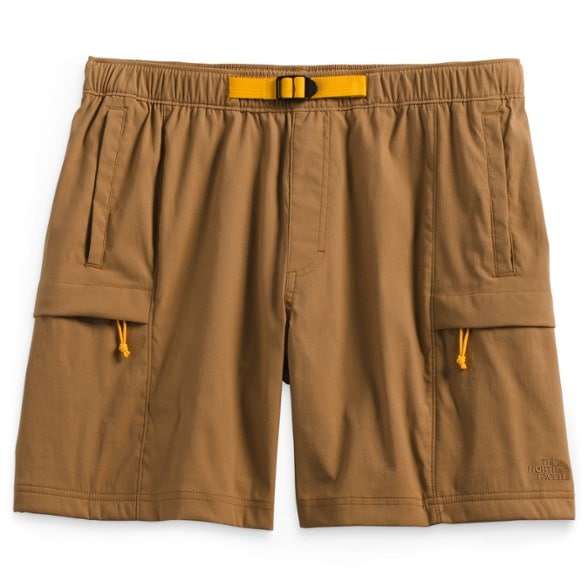 The North Face men’s belted shorts in action on a summer hike