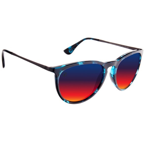 Close-up view of North Park Square Sunglasses showcasing their blue/red tint and rounded shape.