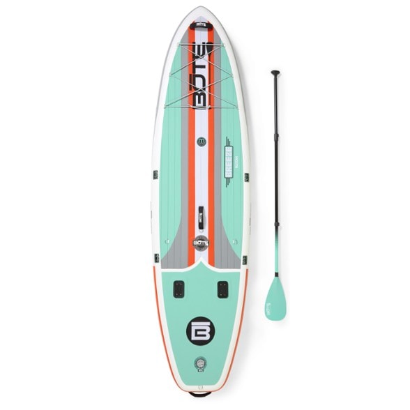 Breeze Aero BLOOM inflatable paddle board on calm lake with paddle