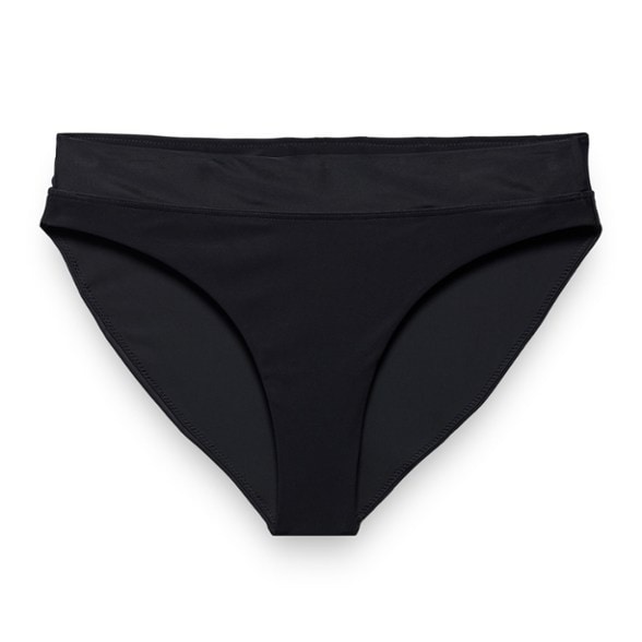 Front view of SunGlide Mid-Rise Swim Bottoms showing waistband and leg fit — ideal chlorine resistant swimwear.