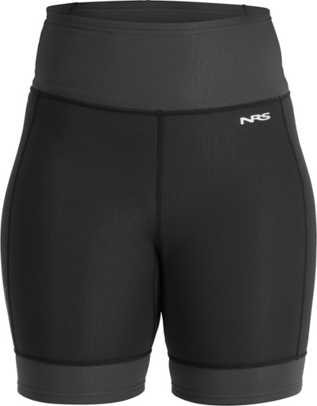 Woman kayaking in calm water, wearing black HydroFlex Women's Performance Neoprene Shorts, showcasing the comfortable fit and range of motion.