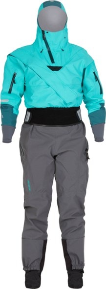 Front view of a woman kayaking in the Cascade Pro Women's Paddling Dry Suit on calm ocean waters, showcasing its sleek design and secure fit.