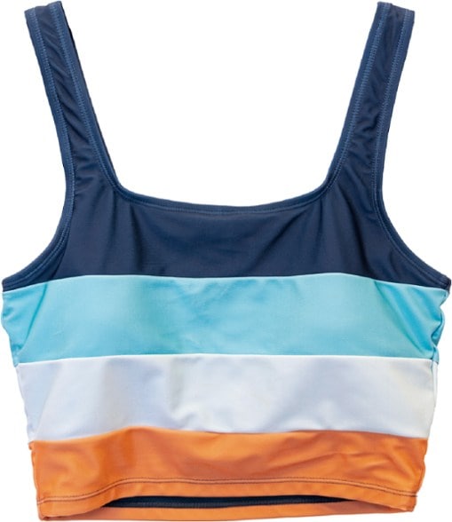 EcoChic Crop Top Swimsuit for women, front view, showcasing the eye-catching color-blocking pattern