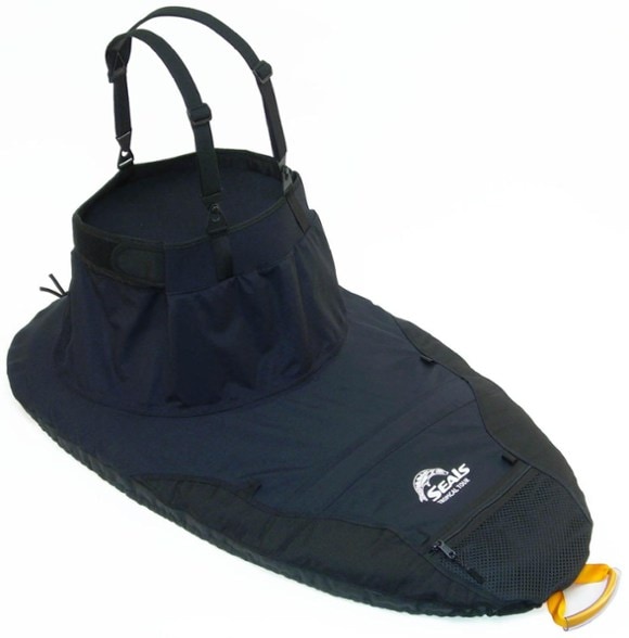 Tropical Tour kayak spray skirt with adjustable suspenders on a kayak cockpit
