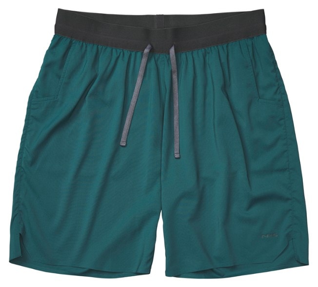 Front angle view of men's shorts in black worn on rocky shoreline during paddleboarding